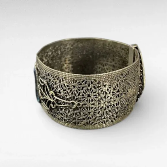 Antique Art Deco Wide Filigree Blue Glass Center Stone Buckle Bracelet - Picture 11 of 13